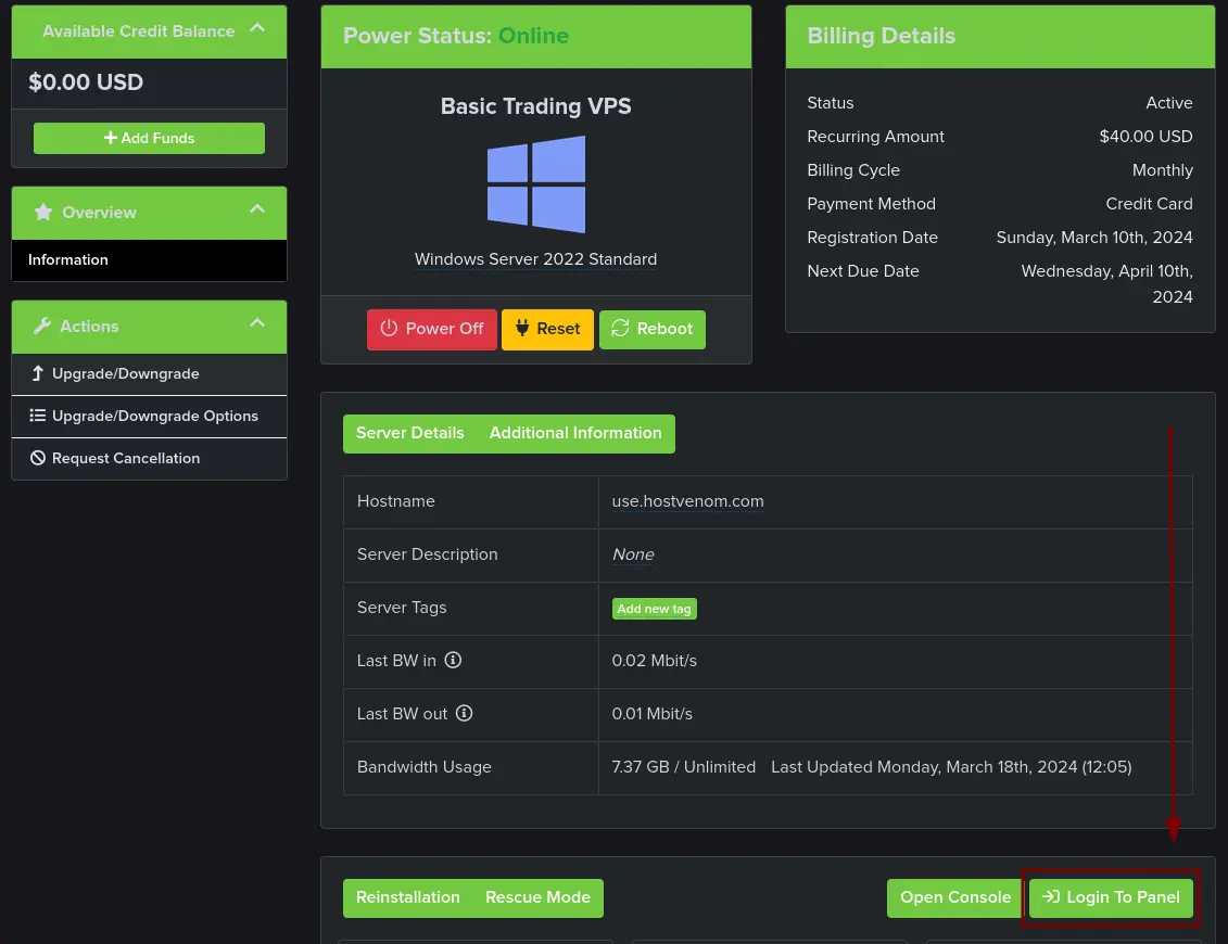 The page for an active service, the &quot;Login To Panel&quot; button is on the far right side of the 3rd panel from the top.