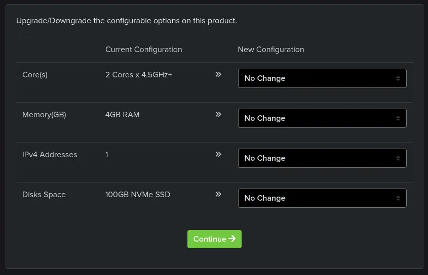A list of options that can be configured for the upgrade, containing a column for the option name, &quot;Current Configuration&quot;, and &quot;New Configuration&quot;.