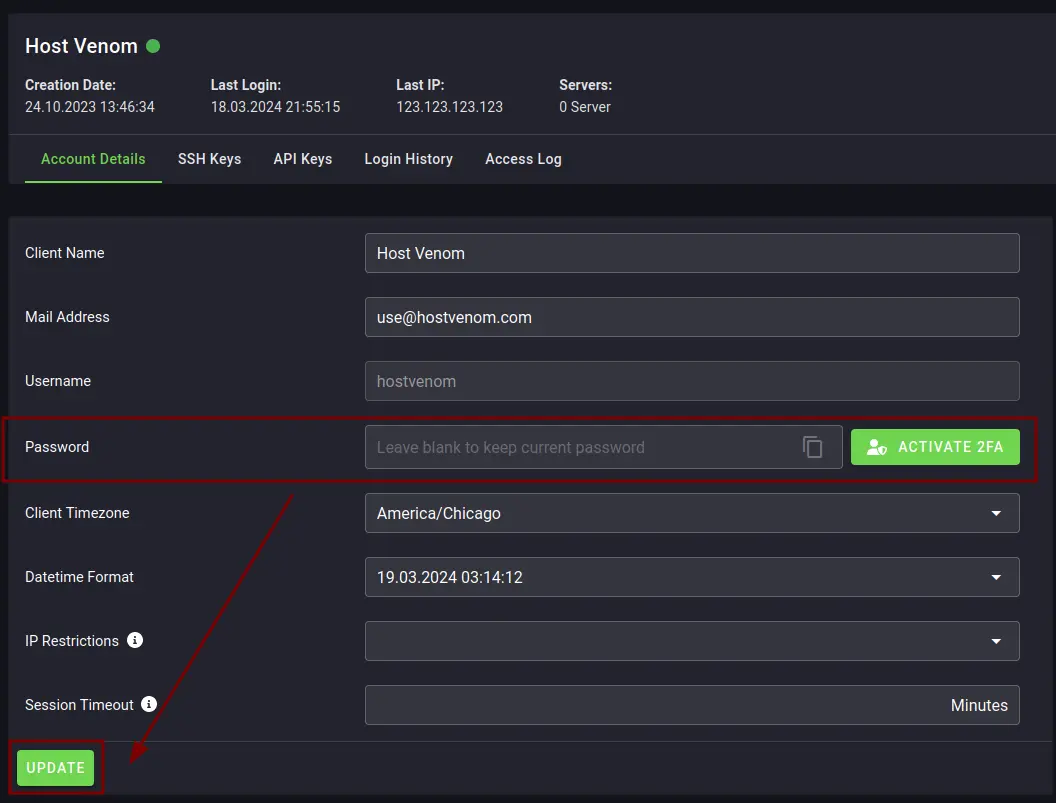 The &quot;My Account&quot; page of the Server Control Panel, with the Password field as the 4th item from the top and the &quot;UPDATE&quot; button located on the bottom left.