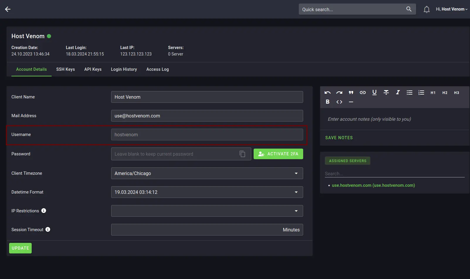 The &quot;My Account&quot; page of the Server Control Panel, with the Password field as the 4th item from the top and the &quot;UPDATE&quot; button located on the bottom left.
