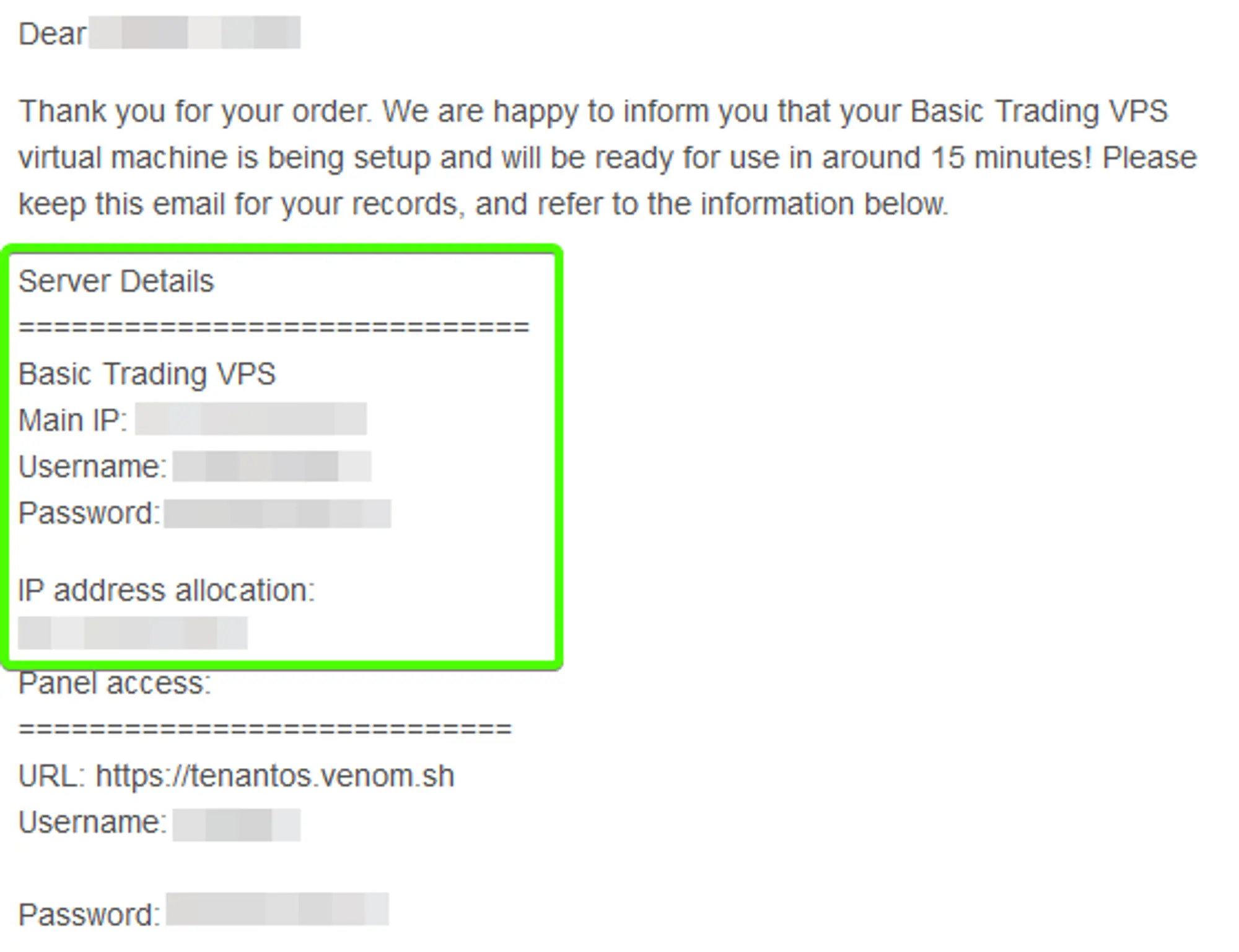 The VPS Welcome email for a Basic Trading VPS with a box surrounding the ��“Server Details” section in the middle.